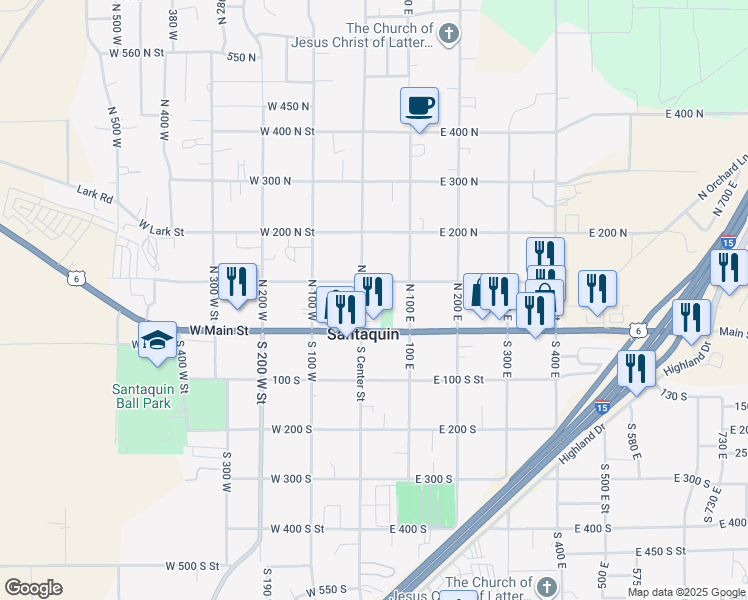 map of restaurants, bars, coffee shops, grocery stores, and more near 80 North Center Street in Santaquin