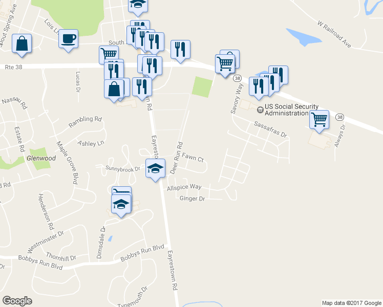map of restaurants, bars, coffee shops, grocery stores, and more near 93 Fawn Court in Lumberton
