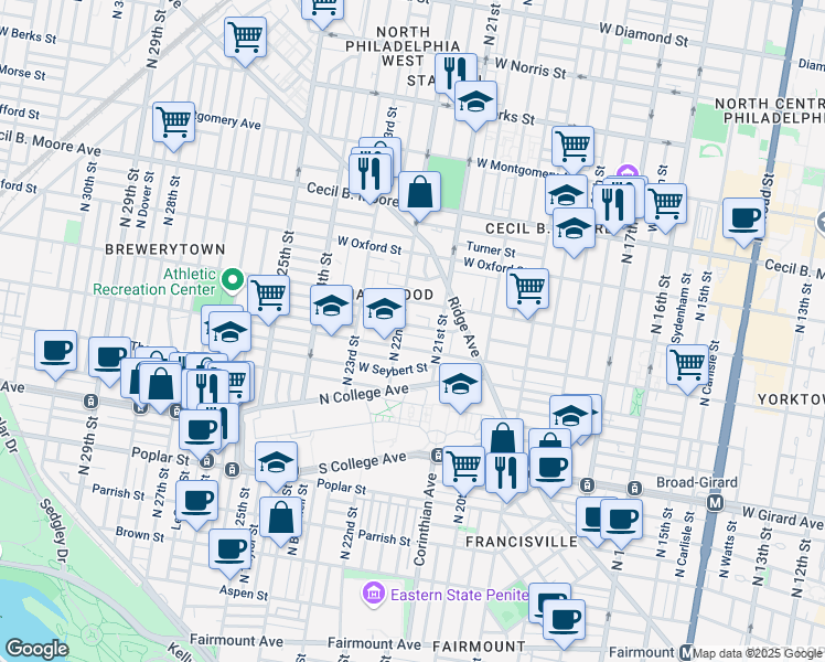 map of restaurants, bars, coffee shops, grocery stores, and more near 2122 Sharswood Street in Philadelphia