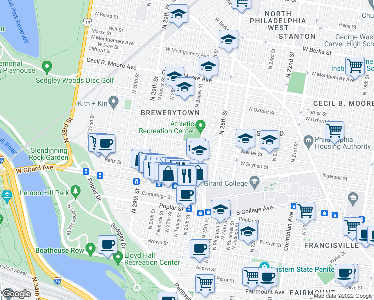 map of restaurants, bars, coffee shops, grocery stores, and more near 1332 North Taney Street in Philadelphia