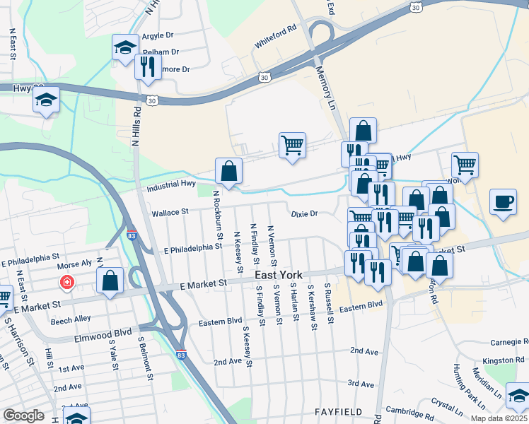 map of restaurants, bars, coffee shops, grocery stores, and more near 128 North Vernon Street in East York
