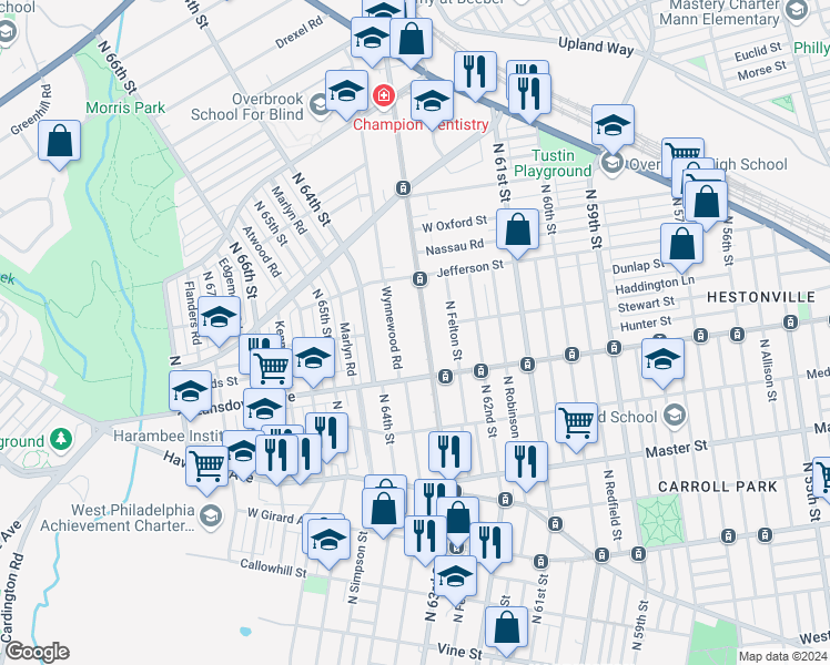 map of restaurants, bars, coffee shops, grocery stores, and more near 822 North 63rd Street in Philadelphia