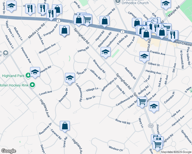 map of restaurants, bars, coffee shops, grocery stores, and more near 2730 Hillview Road in Broomall