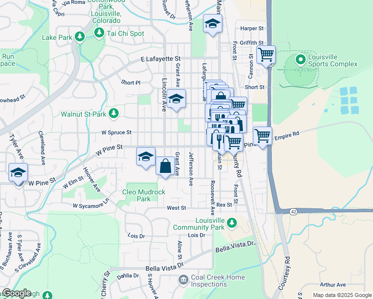 map of restaurants, bars, coffee shops, grocery stores, and more near 624 Pine Street in Louisville
