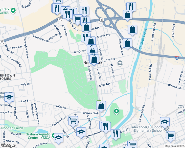map of restaurants, bars, coffee shops, grocery stores, and more near 1000 North George Street in York