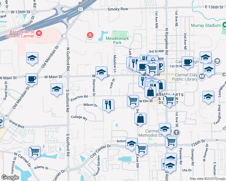 map of restaurants, bars, coffee shops, grocery stores, and more near 135 York Drive in Carmel