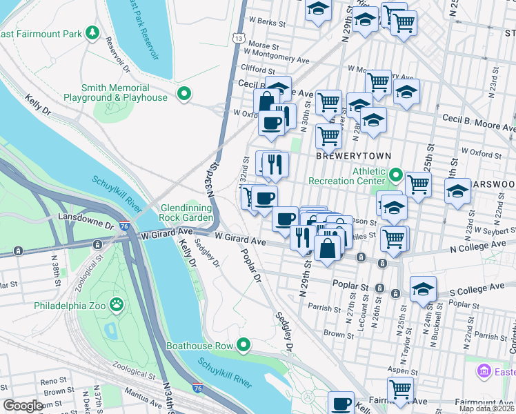map of restaurants, bars, coffee shops, grocery stores, and more near 3120 West Thompson Street in Philadelphia