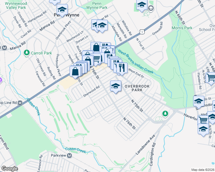 map of restaurants, bars, coffee shops, grocery stores, and more near 7557 Brentwood Road in Philadelphia