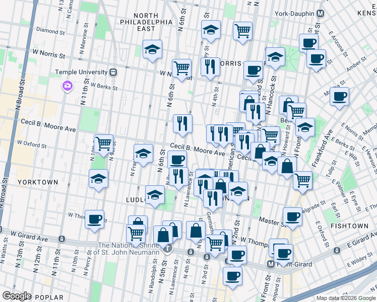 map of restaurants, bars, coffee shops, grocery stores, and more near 1635 North 5th Street in Philadelphia