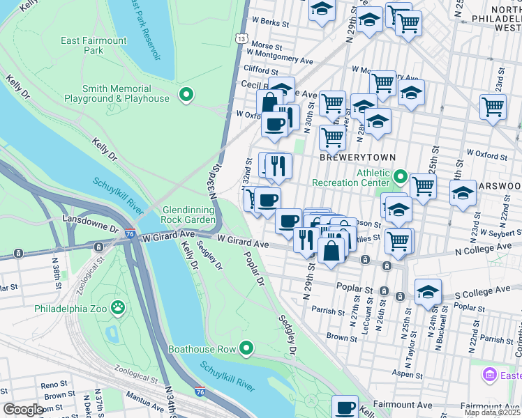map of restaurants, bars, coffee shops, grocery stores, and more near 3100 West Thompson Street in Philadelphia