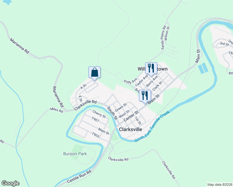 map of restaurants, bars, coffee shops, grocery stores, and more near 386 Market Street in Clarksville