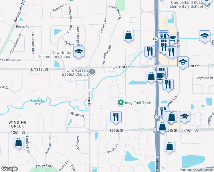 map of restaurants, bars, coffee shops, grocery stores, and more near 9008 Rider Drive in Fishers