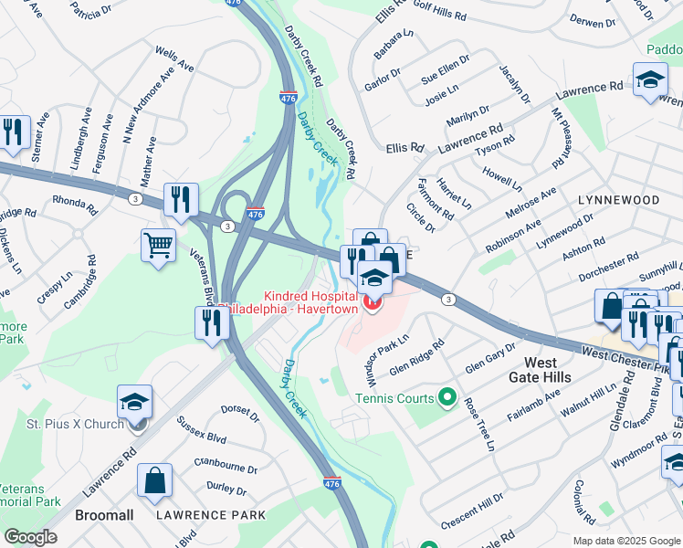map of restaurants, bars, coffee shops, grocery stores, and more near 2040 Old West Chester Pike in Havertown