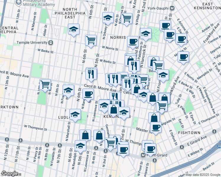 map of restaurants, bars, coffee shops, grocery stores, and more near 1702 North 3rd Street in Philadelphia