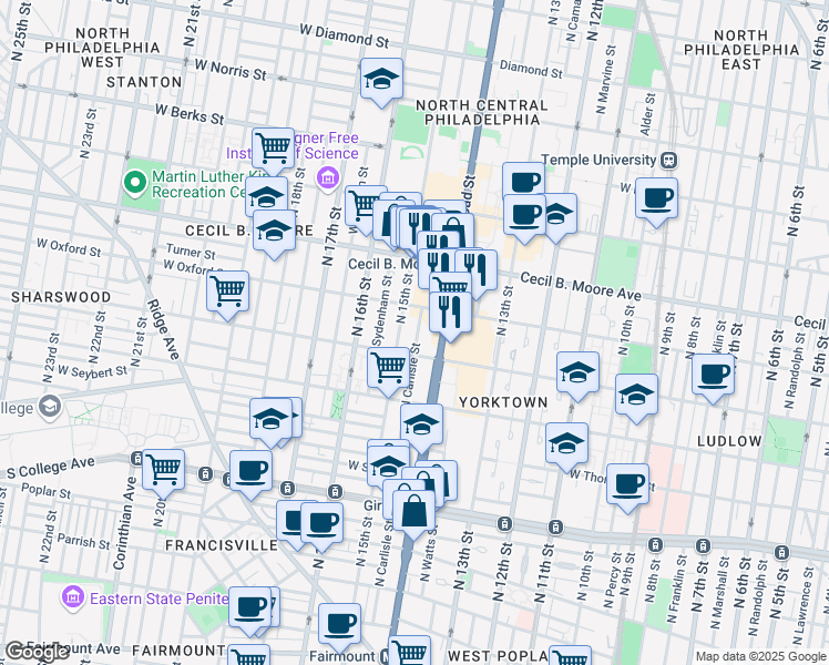 map of restaurants, bars, coffee shops, grocery stores, and more near 1500a North Carlisle Street in Philadelphia