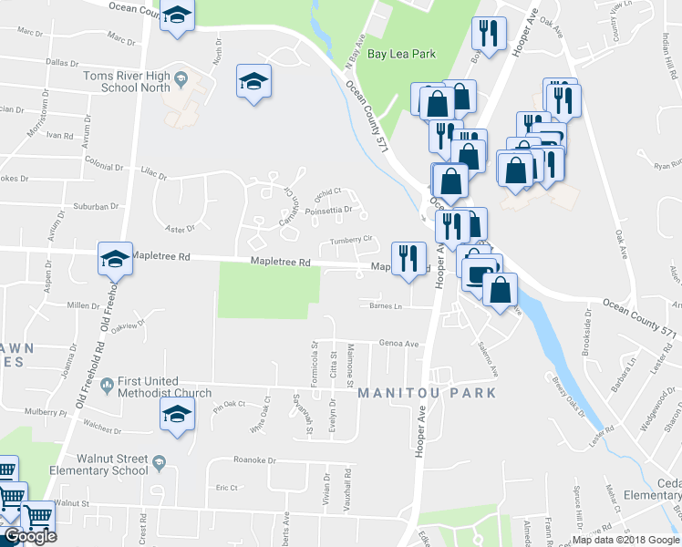 map of restaurants, bars, coffee shops, grocery stores, and more near 505 Bent Trail in Toms River