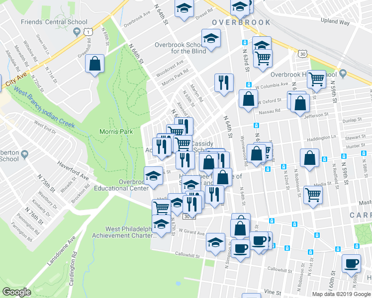 map of restaurants, bars, coffee shops, grocery stores, and more near 893 North 66th Street in Philadelphia