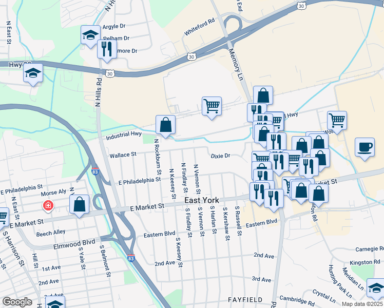 map of restaurants, bars, coffee shops, grocery stores, and more near 128 North Vernon Street in East York