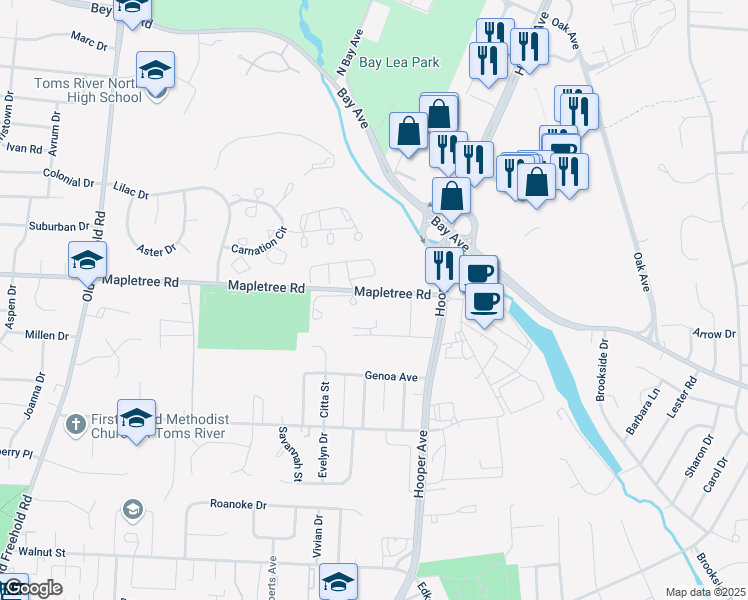 map of restaurants, bars, coffee shops, grocery stores, and more near 103 Bent Trail in Toms River