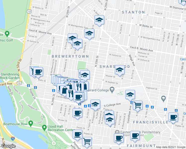 map of restaurants, bars, coffee shops, grocery stores, and more near 2504 Master Street in Philadelphia