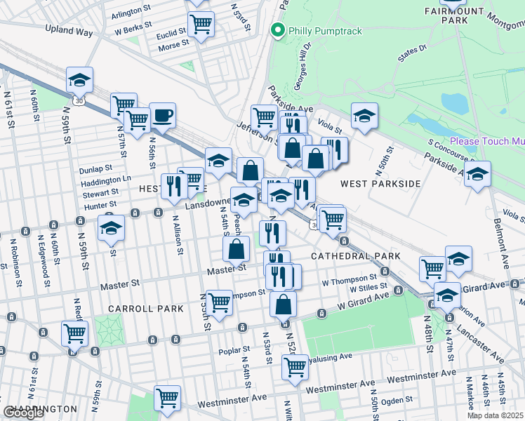 map of restaurants, bars, coffee shops, grocery stores, and more near 5217 Warren Street in Philadelphia