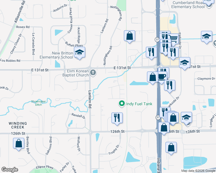 map of restaurants, bars, coffee shops, grocery stores, and more near 9008 Rider Drive in Fishers
