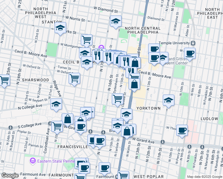 map of restaurants, bars, coffee shops, grocery stores, and more near 1509 North 16th Street in Philadelphia