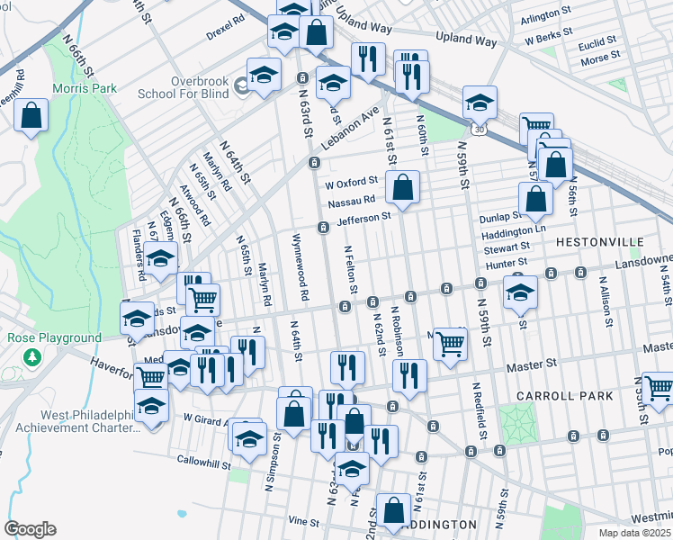 map of restaurants, bars, coffee shops, grocery stores, and more near 821 North 63rd Street in Philadelphia