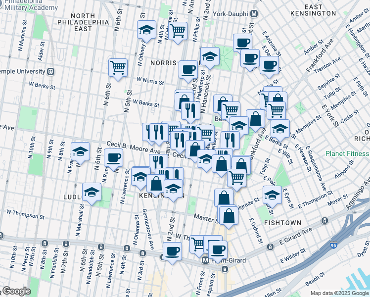 map of restaurants, bars, coffee shops, grocery stores, and more near 1717 North 2nd Street in Philadelphia