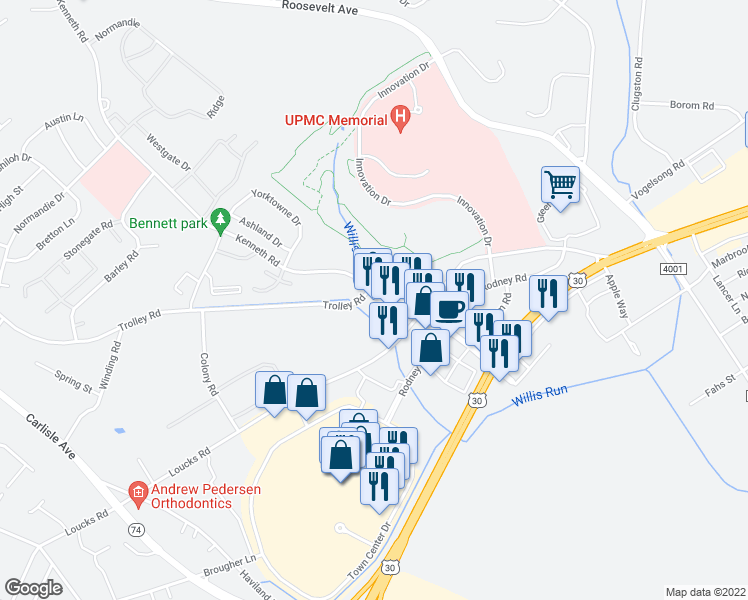 map of restaurants, bars, coffee shops, grocery stores, and more near 1590 Kenneth Road in Shiloh