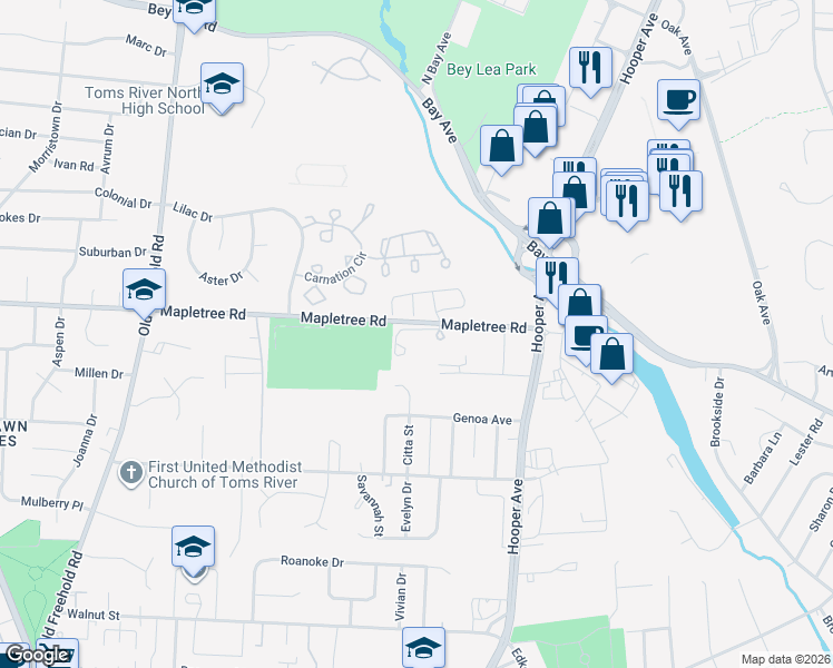 map of restaurants, bars, coffee shops, grocery stores, and more near 505 Bent Trail in Toms River