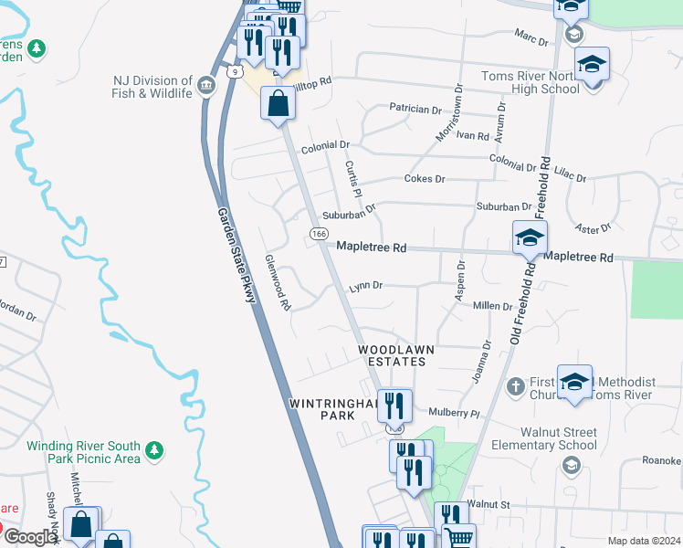 map of restaurants, bars, coffee shops, grocery stores, and more near 1107 New Jersey 166 in Toms River