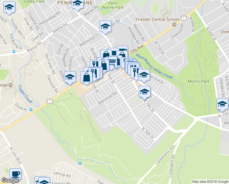 map of restaurants, bars, coffee shops, grocery stores, and more near 1801 Pennington Road in Philadelphia