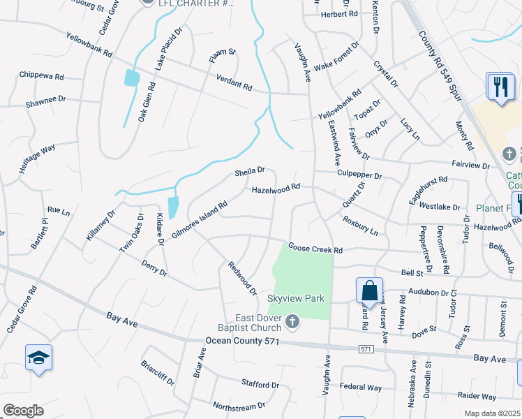 map of restaurants, bars, coffee shops, grocery stores, and more near 520 Sleepy Hollow Road in Toms River