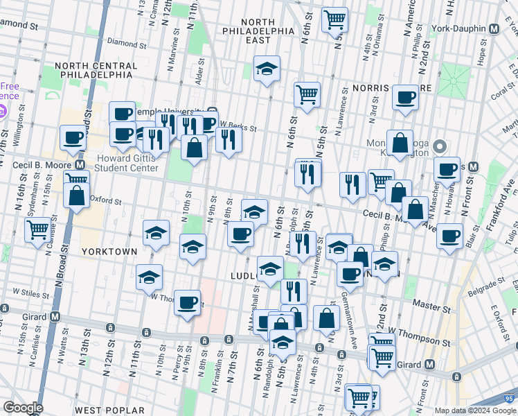 map of restaurants, bars, coffee shops, grocery stores, and more near 1637 North 7th Street in Philadelphia