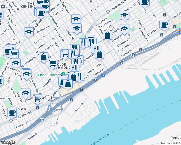 map of restaurants, bars, coffee shops, grocery stores, and more near 2705 East Huntingdon Street in Philadelphia