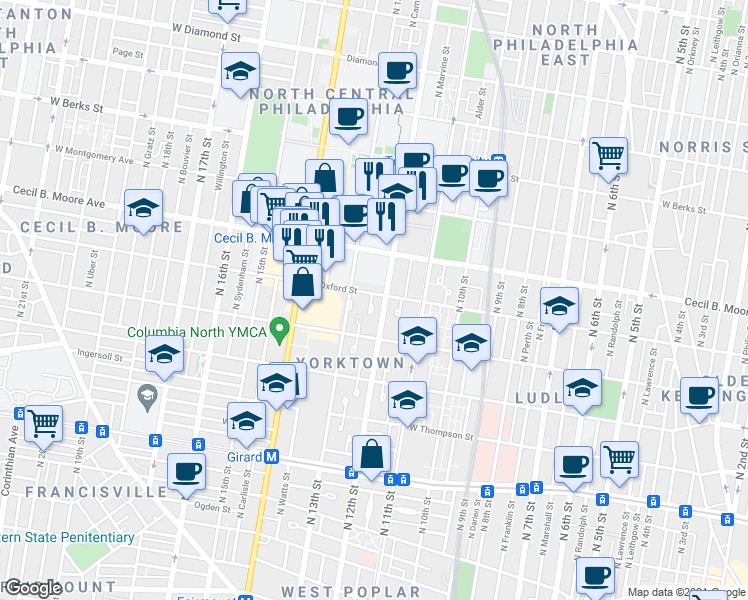 map of restaurants, bars, coffee shops, grocery stores, and more near 1210 West Oxford Street in Philadelphia