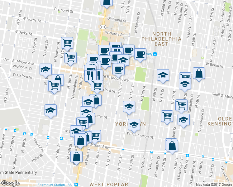 map of restaurants, bars, coffee shops, grocery stores, and more near 1208 West Oxford Street in Philadelphia