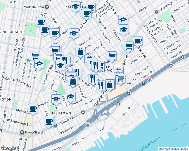 map of restaurants, bars, coffee shops, grocery stores, and more near 2308 Belgrade Street in Philadelphia