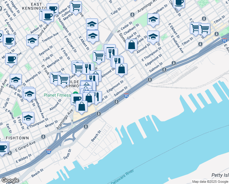 map of restaurants, bars, coffee shops, grocery stores, and more near 2722 East Albert Street in Philadelphia