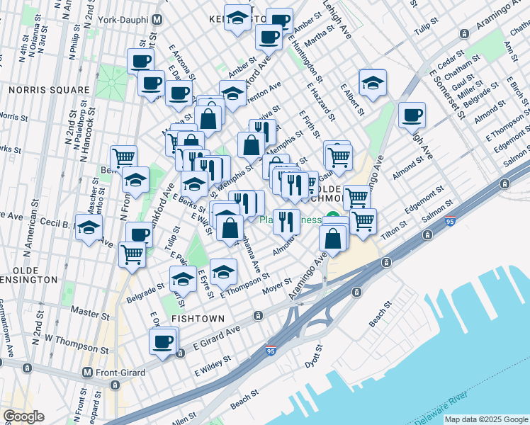 map of restaurants, bars, coffee shops, grocery stores, and more near 2430 E Dauphin St in Philadelphia