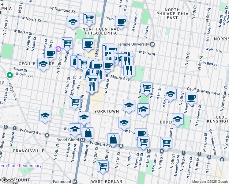 map of restaurants, bars, coffee shops, grocery stores, and more near 1208 West Oxford Street in Philadelphia