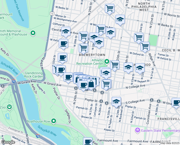 map of restaurants, bars, coffee shops, grocery stores, and more near 1323 North 28th Street in Philadelphia