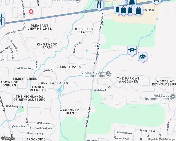 map of restaurants, bars, coffee shops, grocery stores, and more near 445 South Waggoner Road in Reynoldsburg