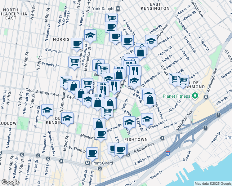 map of restaurants, bars, coffee shops, grocery stores, and more near 8 East Montgomery Avenue in Philadelphia