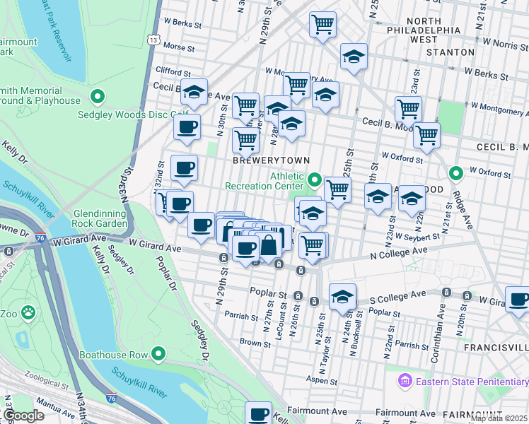 map of restaurants, bars, coffee shops, grocery stores, and more near 1323 North 28th Street in Philadelphia