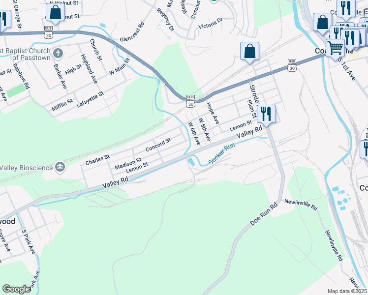 map of restaurants, bars, coffee shops, grocery stores, and more near 722 Lemon Street in Coatesville