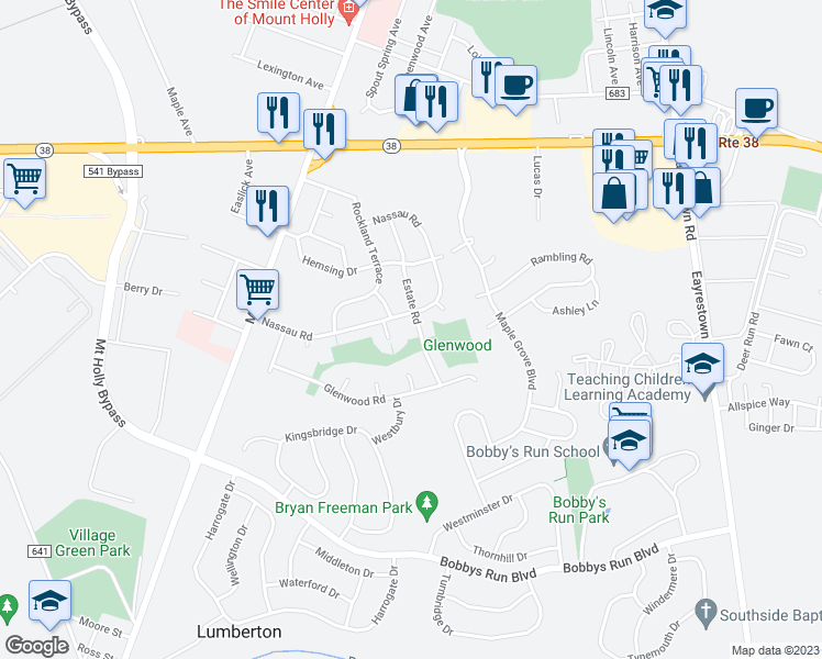 map of restaurants, bars, coffee shops, grocery stores, and more near 25 Estate Road in Lumberton