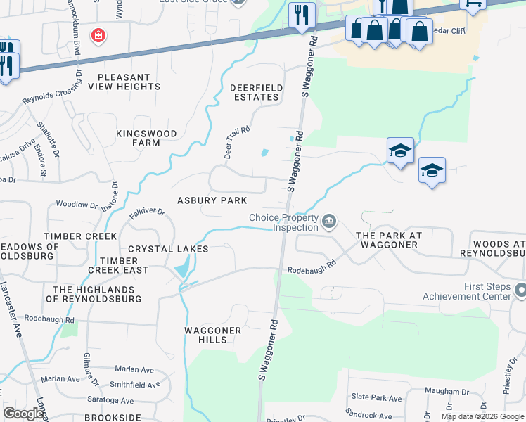 map of restaurants, bars, coffee shops, grocery stores, and more near 445 South Waggoner Road in Reynoldsburg