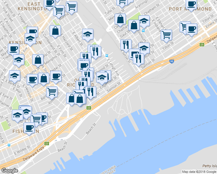 map of restaurants, bars, coffee shops, grocery stores, and more near 2722 East Albert Street in Philadelphia